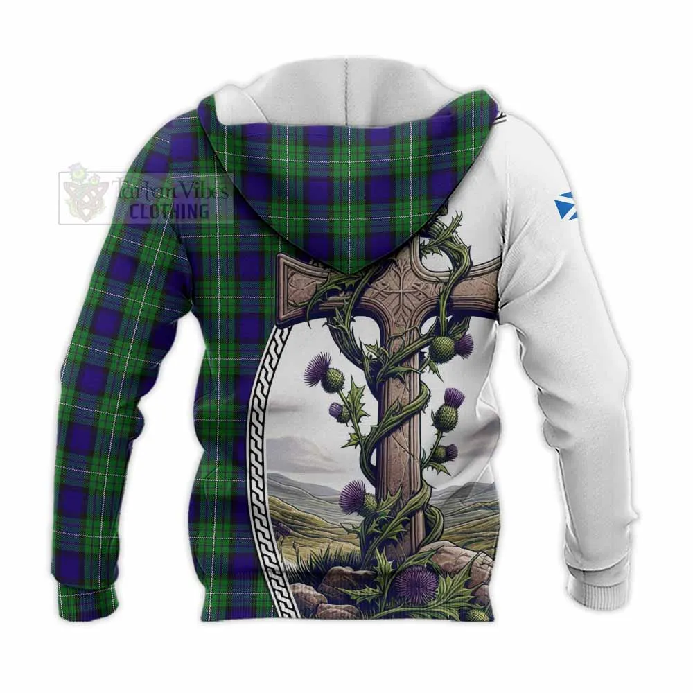 Alexander Tartan Knitted Hoodie with Family Crest and St. Andrew's Cross Accented by Thistle Vines